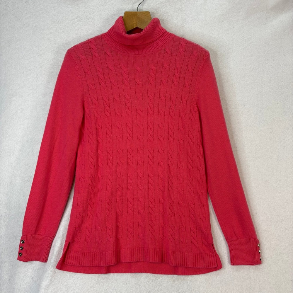 Talbots Women's Sz L Pink Cable Knit Turtleneck Sweater Cotton Blend Button Trim